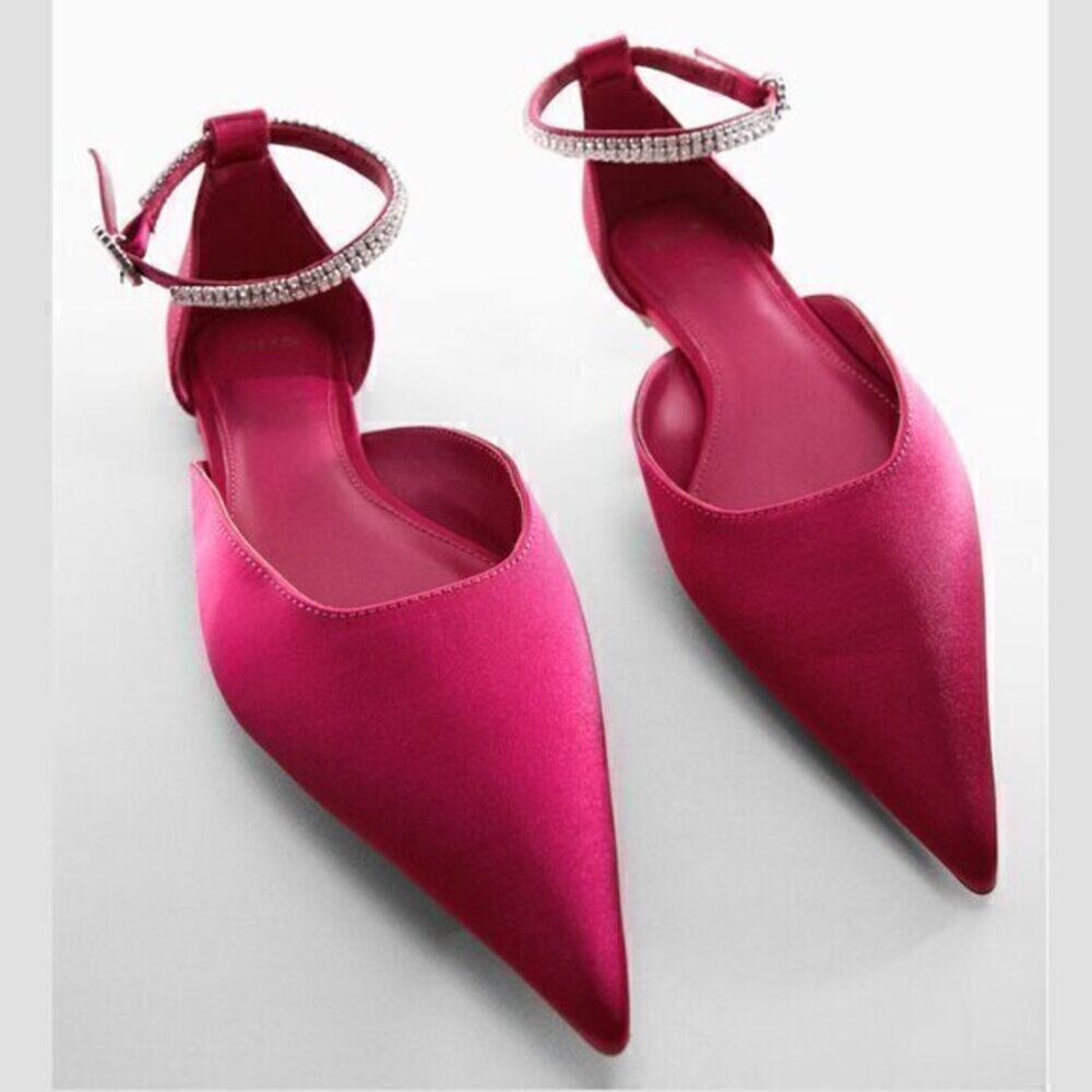 MANGO Fuchsia Satin Rhinestone Pointed Toe Flats NWT Barbiecore Shoes - Picture 11 of 16
